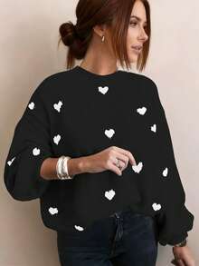 Autumn And Winter Women's Valentine's Day Cute Casual Heart-Patterned Loose-Fit Fashionable Sweater With Round Neck And Long Sleeves, Basic Sweater, Business Casual Women's Clothing, Autumn Top, Autumn Sweater, Women's Winter Clothing, Women's Autumn And Winter Clothing, Autumn Clothing - Black - View 6
