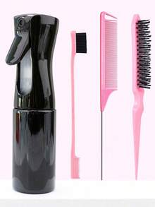 4pcs Spray Bottle And Hairbrush Set, 1 Spray Bottle + 1 Pointy Tail Comb + 1 Eyebrow Brush + 1 Fluffy Comb, Hair Brush For Boys And Girls, Comb Brush For Wet And Dry Curls, Parting Brush, Brush For Coarse And Fine Hair Treatment, Makeup, Black Five Set, Christmas Set Back-To-School Season - 黑色 - 查看 3