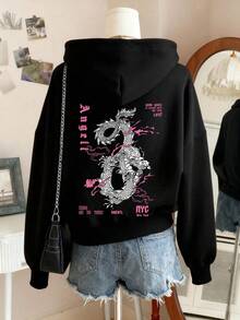 Women's Street Fashion Clothing, Letter And Dragon Pattern Printed Loose Long Sleeve Sweatshirt For Plus Size Ladies, Suitable For Daily Wear Outing, Festivals, Beach, Party, Going To School, Attending Music Festivals, Vacation, Commuting. It Can Be A Gift For Family, Boyfriend, Girlfriend, Friends, Girls' Clothing, Essential Sweatshirt. - Black - View 3