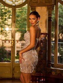 Faeriesty 女士优雅无肩带美人鱼晚礼服，饰以精致串珠和装饰——完美适用于盛大晚宴、颁奖典礼、婚礼、慈善舞会、高端招待会、情人节、新年夜等场合。 - 香檳色 - 查看 8