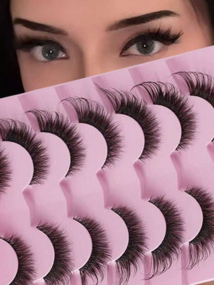 7对自然猫眼假睫毛，狐狸眼假睫毛，整条透明带柔软蓬松交叉纤细浓密仿貂毛假睫毛，适合日常和派对妆容 - 持久自然的睫毛嫁接 - 濃密款 - 查看 1