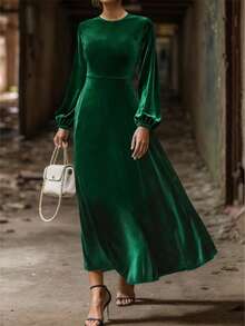 秋冬季加大码女士优雅圣诞连衣裙 - 宽松圆领长袖连衣裙，完美适用于秋冬季节日派对 - 墨綠色 - 查看 4