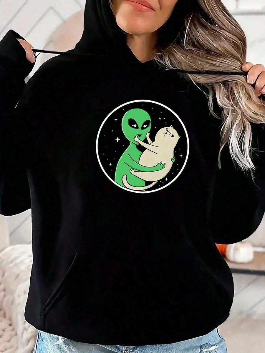 Women's Black Alien And UFO Pattern Hoodie - Cute Sci-Fi Print, Green Alien And Pink Kitten, Casual Pullover, Comfortable All Year Round, Washable, Suitable Theme Events And Daily Wear, Loose Fit With Drawstring Hood, Playful Design Of Alien Holding A, Soft Fabric Suitable All Seasons, Women's Autumn Clothing - 黑色 - 查看 1