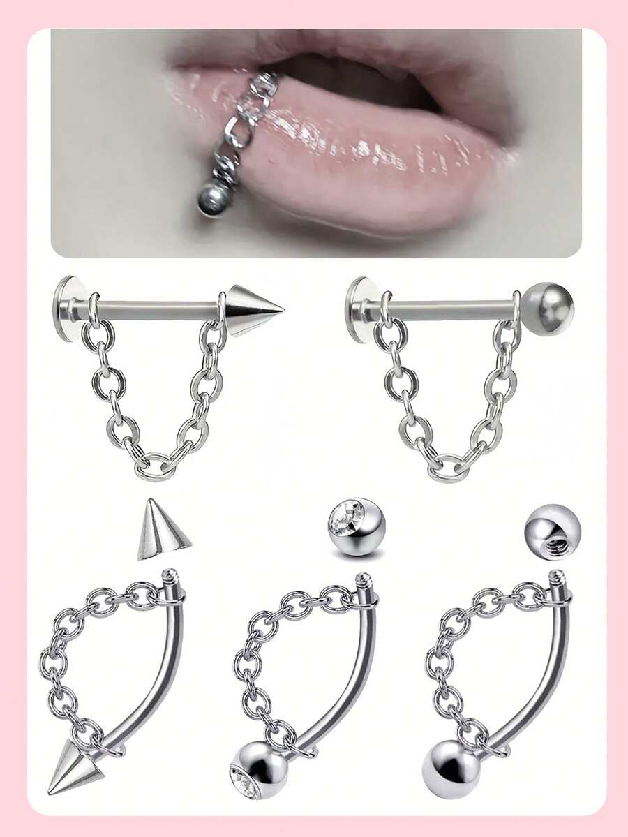 1 pieza Anillo de labio de 16G de acero inoxidable para mordedura de serpiente, joyería de piercing para mujeres. Anillos de ceja, tragus, hélix, rook con cadena, pendientes de cartílago de acero inoxidable con CZ, piercing de labret con cadena de 3cm - Plateado - Ver 1