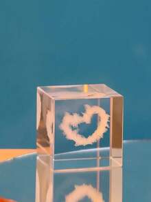 1个迷你3D心形雕刻水晶玻璃立方体 - 反光桌面摆件，适用于家庭和办公室，是情人节和节日礼物的理想之选，桌面装饰品|装饰立方体|光面，心形装饰