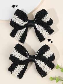 2pcs Black Hair Bows For Women Girls Beige Brown Crochet Bow Alligator Clips Elegant Bow Hair Clips Casual Stripes Bow Hairpins Fall Winter Bow Barrettes Women Hair Accessories, Claw Clips, Hair Slide - Black - View 7