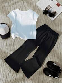 Young Girl Knight Print Round Neck Short Sleeve T-Shirt And Flared Pants Casual Outfit - White - View 2