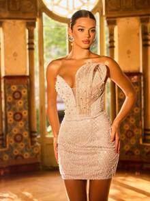 Faeriesty 优雅无袖仿珍珠亮片装饰晚礼服，后背可调节肩带，适合婚礼、红毯活动、新娘礼服及奢华派对等正式场合，也适合情人节或春季派对。 - 香檳色 - 查看 5