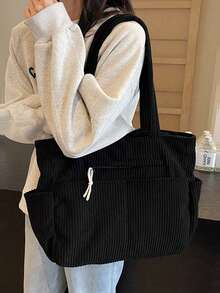 Large Capacity Fashion Shoulder Tote Bag, Soft Corduroy Fabric, With Side Pockets & Multiple Compartments, Zipper Closure, Suitable For Short Trips, Commuting, Daily Use Laptop Bag Beach Weekend Bag Bag For School College Beach Bag