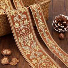1/5 Yarda de cinta bordada jacquard vintage, base marrón con patrón floral dorado - Encaje de poliéster, adecuado para coser, manualidades y decoración de cortinas, encaje de costura - Multicolor - Ver 1