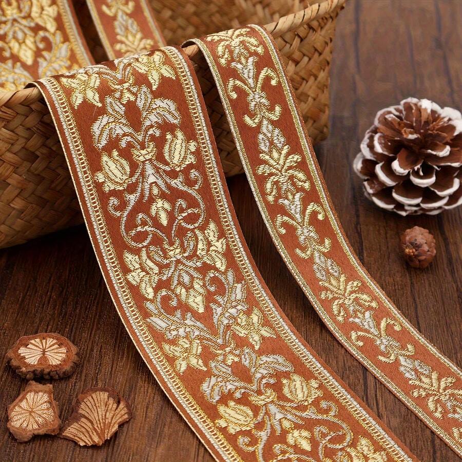 1/5 Yarda de cinta bordada jacquard vintage, base marrón con patrón floral dorado - Encaje de poliéster, adecuado para coser, manualidades y decoración de cortinas, encaje de costura - Multicolor - Ver 1