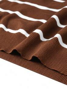 Long Sleeve Striped Airplane Collar Knit Sweater - Brown - View 4