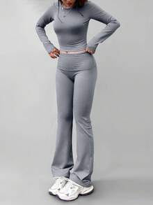 女士休闲圆领长袖T恤和裤子套装，适合春季穿着 - 灰色 - 查看 2