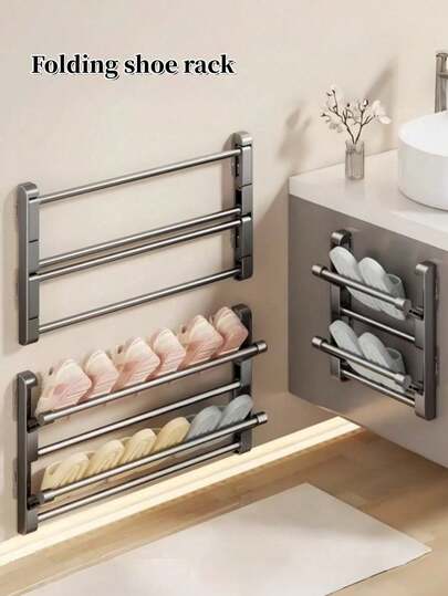 1pc Over-The-Door Shoe Rack, Foldable Bathroom Wall-Mounted Shoe Organizer, Waterproof Shoe Storage Rack For Home Use