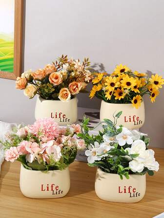 1个塑料花盆，创意泡沫植绒人造盆栽植物，家居装饰假植物摆件，适用于婚礼、生日、日常场景