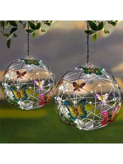 1个太阳能悬挂球灯，彩色蝴蝶图案，防水，可调光，营造节日氛围，花园悬挂灯装饰，户外庭院配件