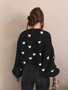 2025 Women's Elegant Commuter Style White Heart Knit Sweater, Autumn/Winter - Black - View 6