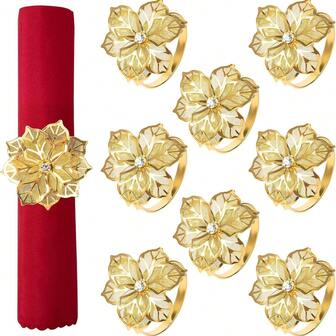 餐巾环 - 花朵餐巾架 金属餐巾扣 适用于节日派对晚宴婚礼餐桌装饰（金色/银色）