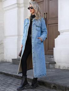 Áo khoác denim dài lót nhiệt thời trang Mobula Sound# dành cho nữ, phù hợp cho mùa thu/đông - Hoa xanh chiên - Xem 6