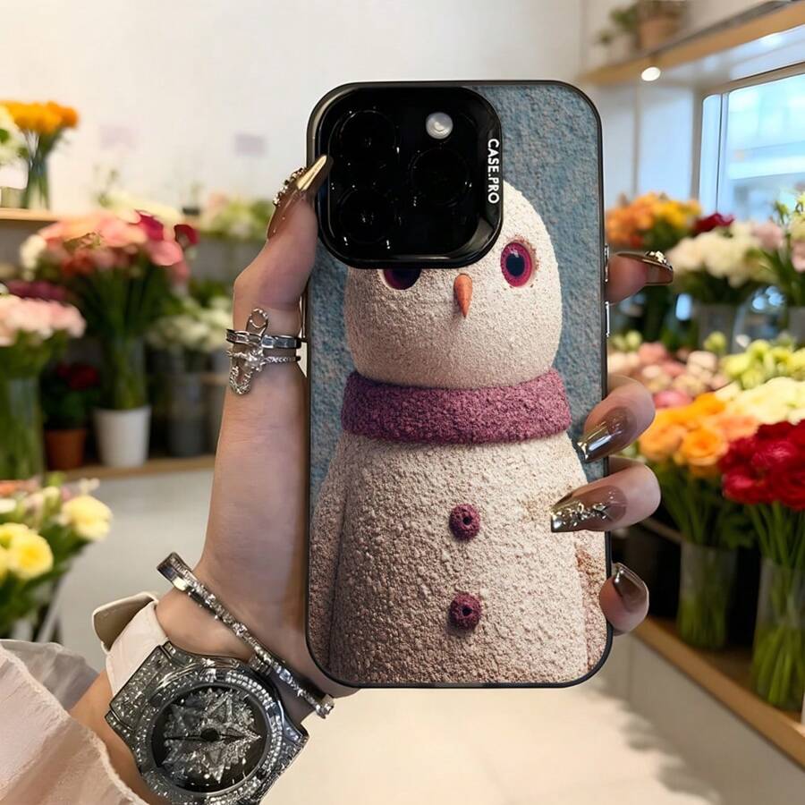 Cubierta de telefono con diseño de muñeco de nieve color beige con bufanda morada y botones rojos para iPhone funda navideña decorativa para uso diario y festivo Aplicable a los teléfonos de la serie Apple y Galaxy - Negro - Ver 1