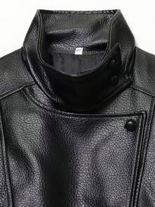 女士黑色仿皮高领长袖PU外套，带口袋和收紧下摆，打造时尚叠穿造型 - 黑色 - 查看 5