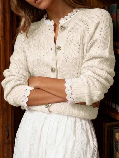 Autumn And Winter Elegant Fashion Casual Comfort Home Beige Lace Decorative Metal Buttons Long Sleeve V-Neck Textured Feeling Semi-Transparent Thin Section Knitted Cardigan,Work/Office, Business Casual Woman