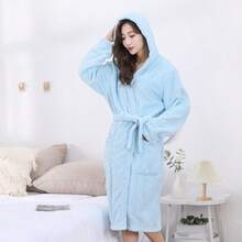 1pc Women Student Solid Color Jacquard Coral Fleece Soft Absorbent Warm Casual Home Cute Hooded Bathrobe Bath Robe Morning Robe Long Robe Loungewear Bathing Swimming Travel Personal Use Gift - Multicolor - View 10