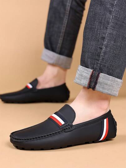 大码男士乐福鞋，男士休闲手工莫卡辛鞋，彩色套脚鞋，PU皮鞋，平底鞋，橡胶底，黑色乐福鞋，驾车鞋