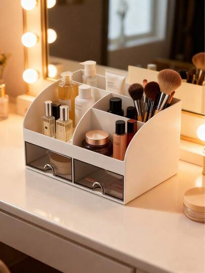 1pc Multi-Function Cosmetic Storage Box With Drawers - Suitable For Vanity, Bathroom And Dorm Countertop Makeup Organization, Can Store Makeup Brushes, Lotions, Perfumes, Eyeshadows, Lipsticks, Etc.