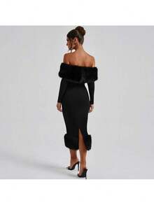 Women's Vestidos De Fiesta De Noche Autumn And Winter Bodycon Off-Shoulder Vestidos De Fiesta Elegantes Fashion Fur Collar Long Sleeved Temperament Slim Fit Evening Dress Dress Prom Dress Vestidos Elegantes De Mujer - 酒紅色 - 查看 6