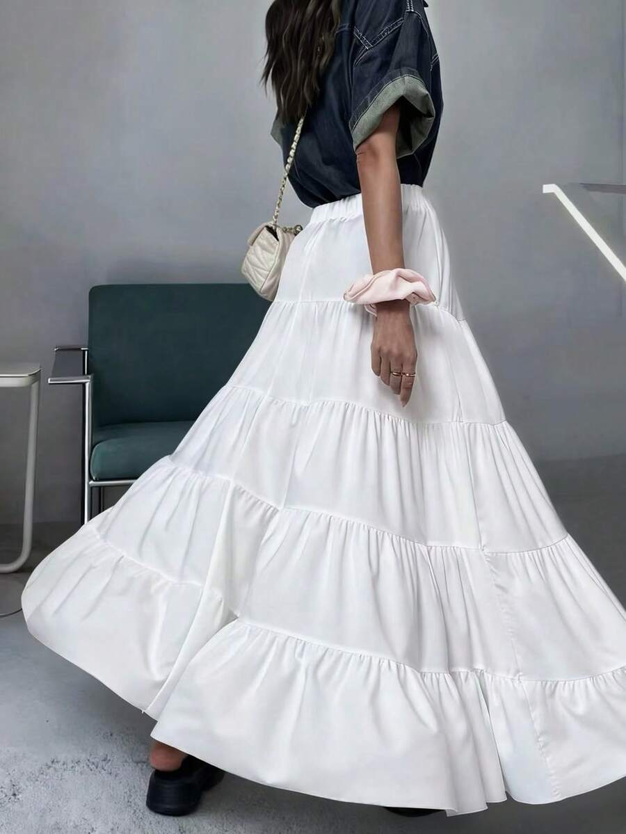 EARO Women's Solid Color Minimalist Casual Commute Versatile Multi-Layer Flared Woven Elastic Waist High Waist Over-The-Knee Long Skirt, Autumn/Winter Holiday Design, High-End - 白色 - 查看 1