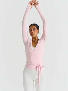 Women Ballet Wrap Top Long Sleeve Deep V Neck Cross Tie Workout Pilates Yoga Shirts Wrap Tie Crop Tops Sportswear Y2k Streetwear Slim Fitted Coquette Blouses - 粉色 - 查看 5