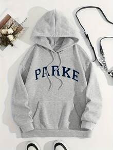 PARKE Letter Pattern Autumn Women'S Hoodie, Light Gray Sweatshirt, Autumn Winter Wear, Simple Fashion Women'S Top, Warm And Comfortable Sweatshirt, Fleece-Lined Hooded Sweatshirt, Casual Sporty Long-Sleeved Hoodie For Spring And Fall Christmas Reindeer Print Hoodie,  Holiday Top For Casual,New Year Eve Hooded Sweatshirt - Mixed Color - View 7
