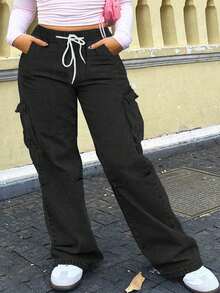 女士中腰工装牛仔裤 - 无弹力直筒裤型，配有弹性抽绳腰带，宽松版型 - 黑色 - 查看 6