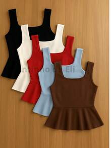 Set Of 3 Women's Tank Tops With Ruffled Peplum Detail And Defined Waist. - 黑白葡萄酒套裝 - 查看 2