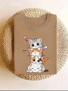 Women's Shirt With Kittens, Cotton Blouse, Premium Knit, New Release, Women's Fashion, Casual T-Shirt - 鏽棕色 - 查看 2