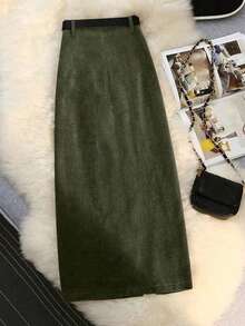 EARO 休闲百搭街头风格灯芯绒高腰 A 字开衩裙，松紧腰身修身设计，时尚优雅，适合秋冬 - 軍綠色 - 查看 2