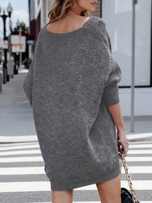 Women's Pullover Sweater Dress Casual Long Sleeve Ribbed Knit V Neck Loose Oversized Sweaters Dresses - 灰色 - 查看 2