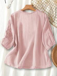 Women's Viscose Embroidered Light & Loose Vintage Style Mid-Sleeve Blouse, Spring Summer - Baby Pink - View 3