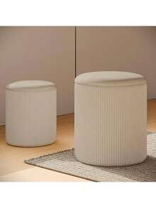 Round Ottoman With Storage Set Of 2, Ottoman Foot Rest, Velvet Vanity Stool, Multifunctional Ottomans For Living Room,Thanksgiving,Christmas Gift - 米色 - 查看 6