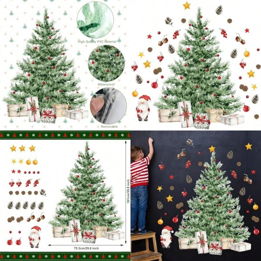 New Calcomanías de pared grandes para árbol de Navidad calcomanías de pared de acuarela para despegar y pegar calcomanías de pared gigantes para baño recámara sala de estar oficinas decoración del hogar - Vistoso - Ver 1