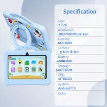 兒童電子學習平板電腦 4GB RAM+64GB ROM 7吋 4核 1.3GHz Android 13 1280x800 IPS 2MP+5MP 相機 4000mAh 大電池 支援 WiFi 遊戲 ABS 塑料+矽膠材質 - 彩色 - 查看 4