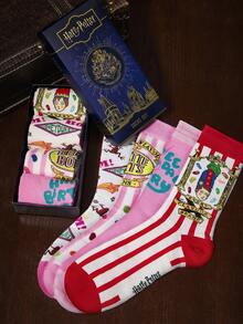 HARRY POTTER X SHEIN 4 双装柔软透气吸湿休闲女式中筒袜，时尚可爱粉色，加固袜头和袜跟，经久耐穿，男女通用，四季皆宜，百搭，圣诞节送礼佳品。 - 彩色 - 查看 1