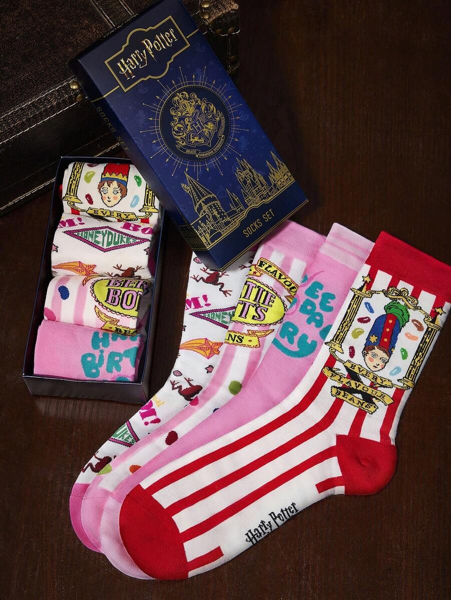 HARRY POTTER X SHEIN 4 双装柔软透气吸湿休闲女式中筒袜，时尚可爱粉色，加固袜头和袜跟，经久耐穿，男女通用，四季皆宜，百搭，圣诞节送礼佳品。 - 彩色 - 查看 1