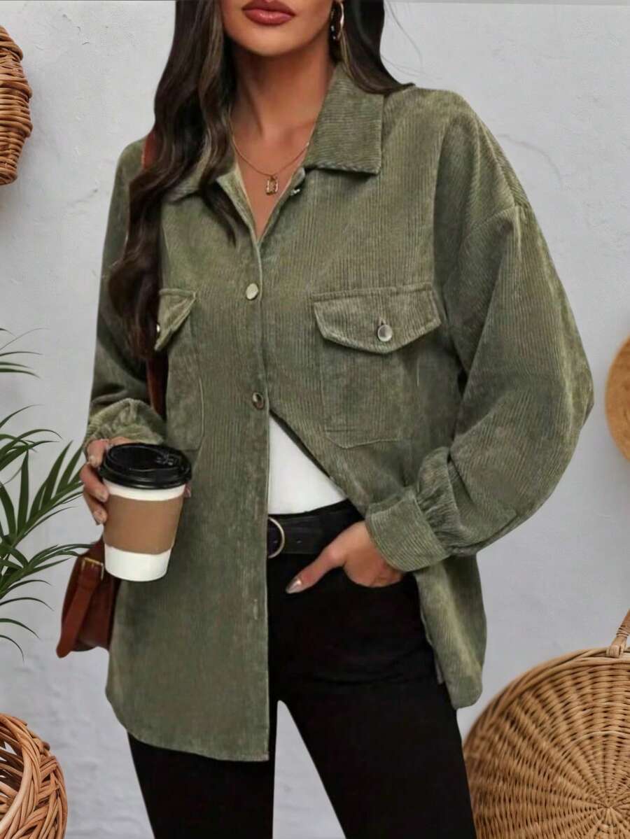 大码女式休闲纽扣宽松衬衫，适合日常穿着，秋季 - 綠色 - 查看 1