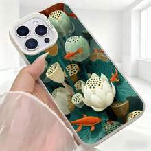 Cubierta de telefono con diseño de loto y peces koi azul oscuro para iPhone 14 Pro Max estilo elegante ideal para uso diario en cafeterias y salones - Blanco - Ver 5