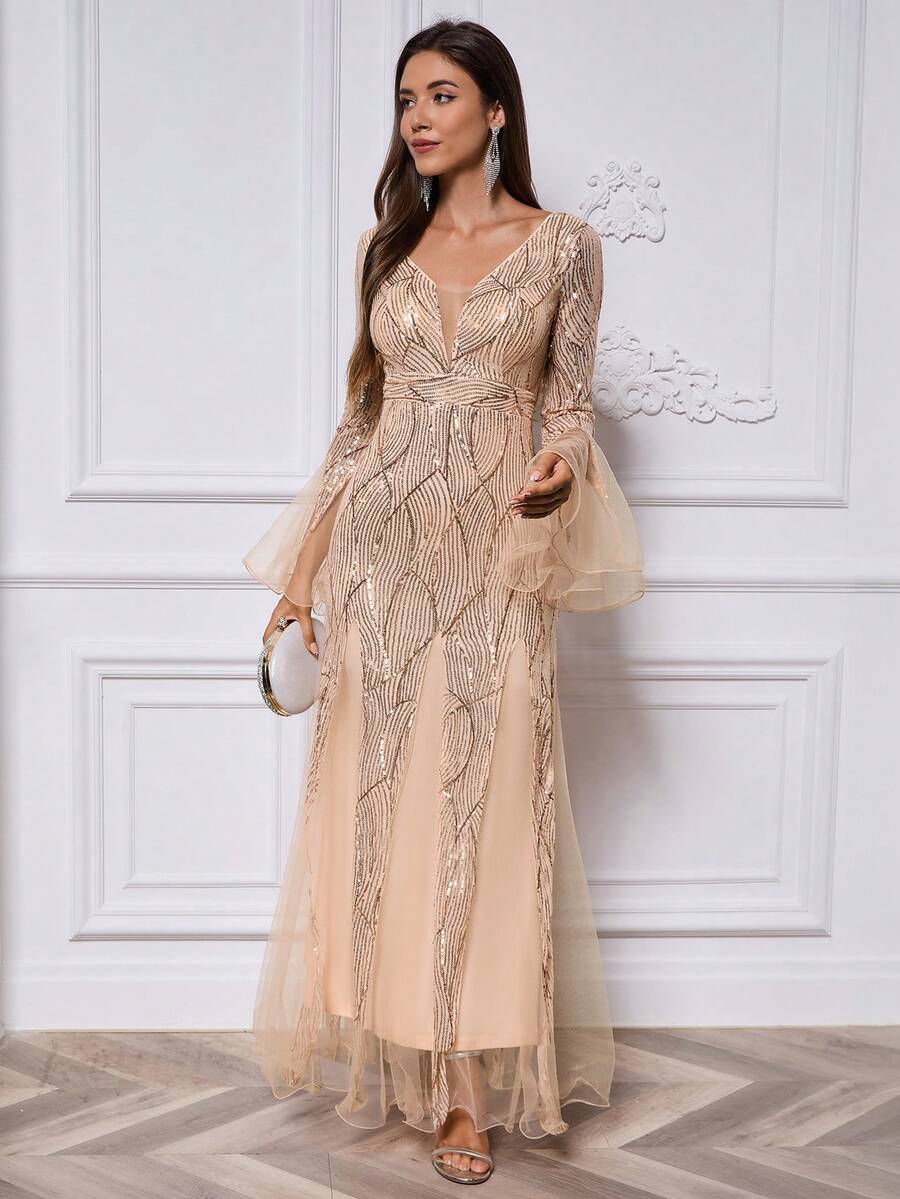 女士V领亮片撞色网纱优雅收腰喇叭长袖长款正式晚礼服、派对礼服、婚礼宾客礼服 - 金色 - 查看 1