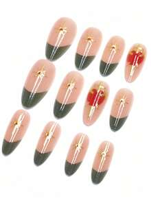 24-częściowy zestaw do francuskiego manicure 3D z podwójnym wzorem serca i miecza, z elementami złotego słońca 3D, czarne i bordowe paznokcie w kształcie migdałów, odpowiedni na Walentynki, Boże Narodzenie, jako prezent świąteczny lub na imprezę, zawiera żel żelowy i pilnik do paznokci - Złoto - Zobacz 3