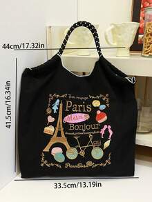 New Versatile Embroidered Eiffel Tower Pattern Foldable Shopping Bag Tote Bag Large Capacity Suitable For Commuting Shopping Beach Party Hand-Carried Or Shoulder-Carried - Multicolor - View 4