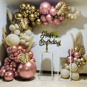125pcs Metallic Rose Gold Sand White Latex Balloon Garland Arch Kit With Golden Palm Leaves For Baby&Bridal Shower Birthday Wedding Anniversary Party Decorations Supplies